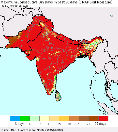 Southern Asia Maximum Consecutive Dry Days in past 30 days (SMAP Soil Moisture) Thematic Map For 2/11/2025 - 2/15/2025