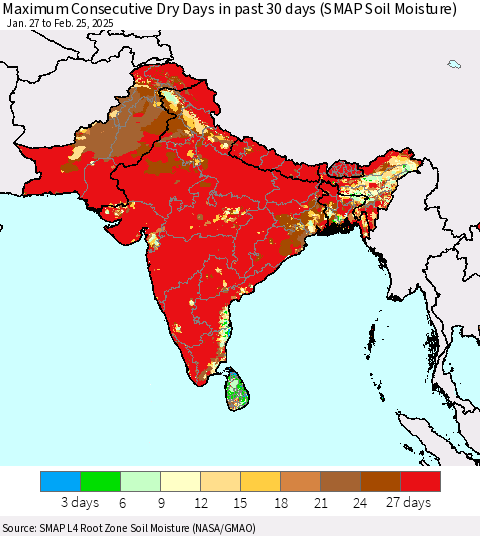 Southern Asia Maximum Consecutive Dry Days in past 30 days (SMAP Soil Moisture) Thematic Map For 2/21/2025 - 2/25/2025