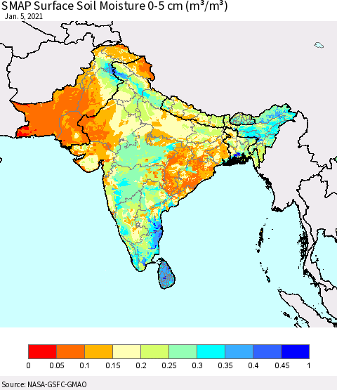 Southern Asia SMAP Surface (0-5 cm) Soil Moisture (m³/m³) Thematic Map For 1/1/2021 - 1/5/2021