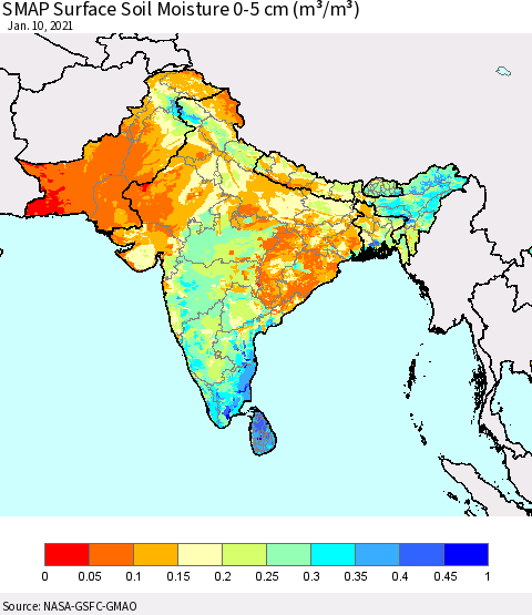 Southern Asia SMAP Surface (0-5 cm) Soil Moisture (m³/m³) Thematic Map For 1/6/2021 - 1/10/2021