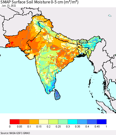 Southern Asia SMAP Surface (0-5 cm) Soil Moisture (m³/m³) Thematic Map For 1/11/2021 - 1/15/2021