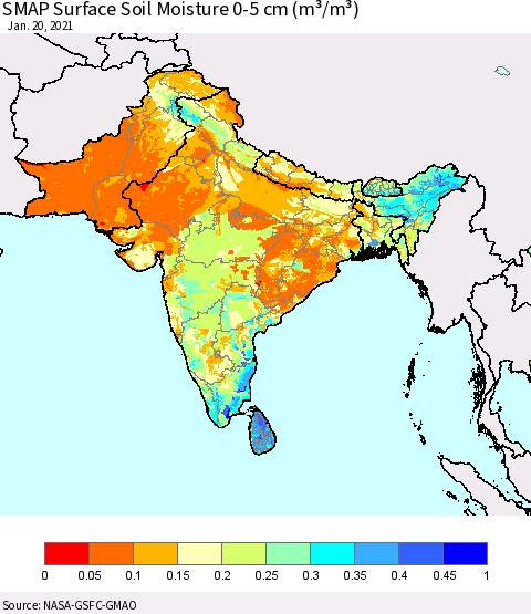 Southern Asia SMAP Surface (0-5 cm) Soil Moisture (m³/m³) Thematic Map For 1/16/2021 - 1/20/2021