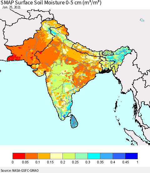Southern Asia SMAP Surface (0-5 cm) Soil Moisture (m³/m³) Thematic Map For 1/21/2021 - 1/25/2021