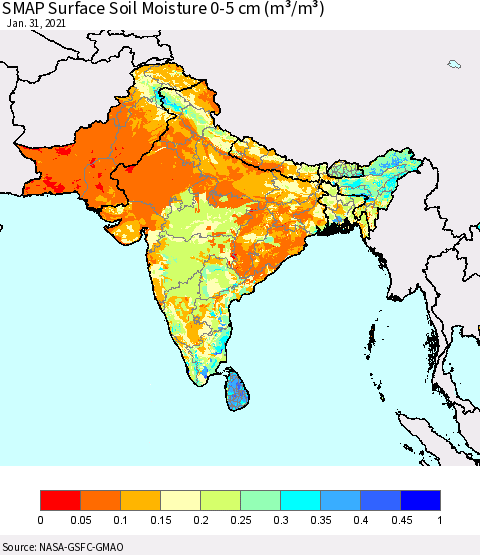 Southern Asia SMAP Surface (0-5 cm) Soil Moisture (m³/m³) Thematic Map For 1/26/2021 - 1/31/2021