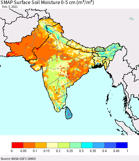 Southern Asia SMAP Surface (0-5 cm) Soil Moisture (m³/m³) Thematic Map For 2/1/2021 - 2/5/2021