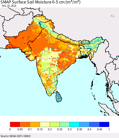 Southern Asia SMAP Surface (0-5 cm) Soil Moisture (m³/m³) Thematic Map For 2/6/2021 - 2/10/2021