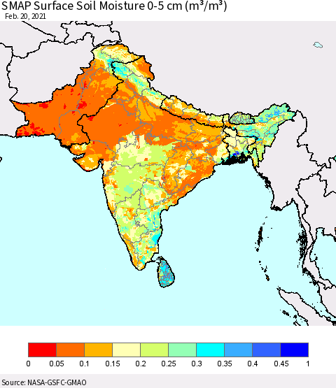Southern Asia SMAP Surface (0-5 cm) Soil Moisture (m³/m³) Thematic Map For 2/16/2021 - 2/20/2021