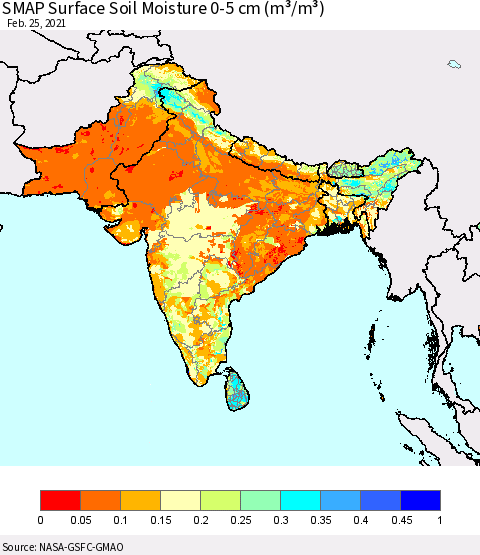 Southern Asia SMAP Surface (0-5 cm) Soil Moisture (m³/m³) Thematic Map For 2/21/2021 - 2/25/2021