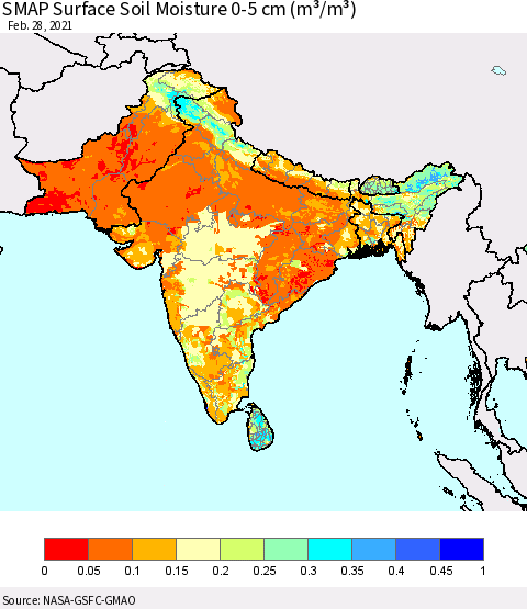 Southern Asia SMAP Surface (0-5 cm) Soil Moisture (m³/m³) Thematic Map For 2/26/2021 - 2/28/2021