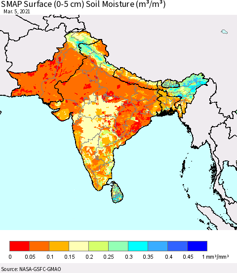 Southern Asia SMAP Surface (0-5 cm) Soil Moisture (m³/m³) Thematic Map For 3/1/2021 - 3/5/2021