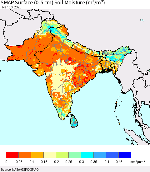 Southern Asia SMAP Surface (0-5 cm) Soil Moisture (m³/m³) Thematic Map For 3/6/2021 - 3/10/2021