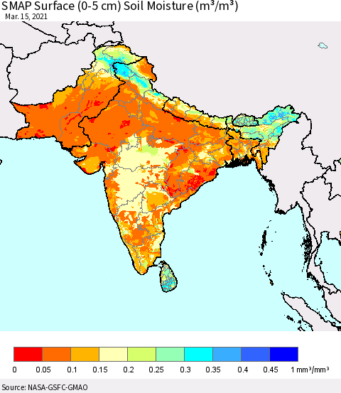 Southern Asia SMAP Surface (0-5 cm) Soil Moisture (m³/m³) Thematic Map For 3/11/2021 - 3/15/2021