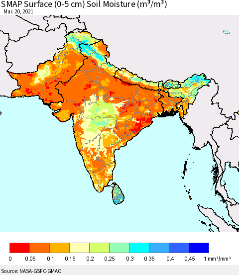Southern Asia SMAP Surface (0-5 cm) Soil Moisture (m³/m³) Thematic Map For 3/16/2021 - 3/20/2021