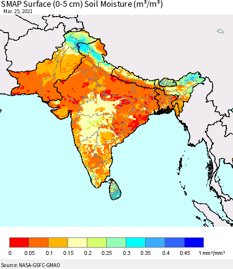 Southern Asia SMAP Surface (0-5 cm) Soil Moisture (m³/m³) Thematic Map For 3/21/2021 - 3/25/2021
