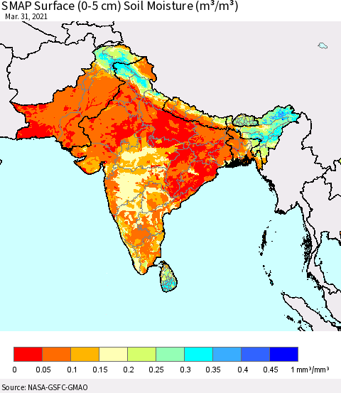 Southern Asia SMAP Surface (0-5 cm) Soil Moisture (m³/m³) Thematic Map For 3/26/2021 - 3/31/2021