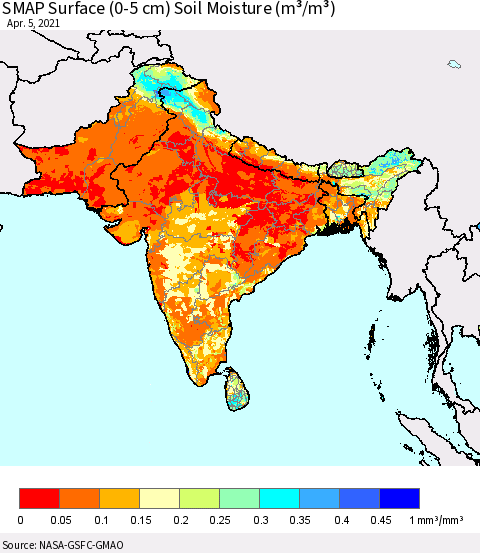 Southern Asia SMAP Surface (0-5 cm) Soil Moisture (m³/m³) Thematic Map For 4/1/2021 - 4/5/2021