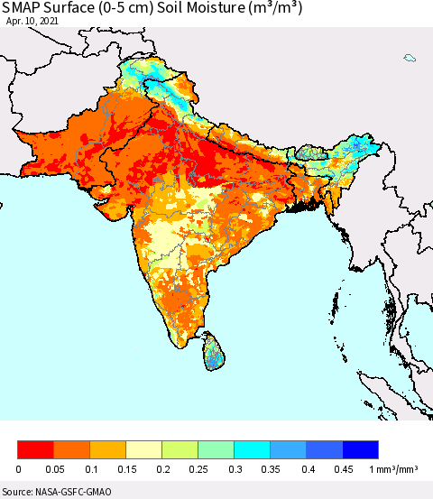 Southern Asia SMAP Surface (0-5 cm) Soil Moisture (m³/m³) Thematic Map For 4/6/2021 - 4/10/2021