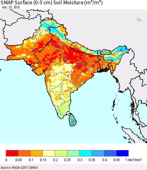 Southern Asia SMAP Surface (0-5 cm) Soil Moisture (m³/m³) Thematic Map For 4/11/2021 - 4/15/2021