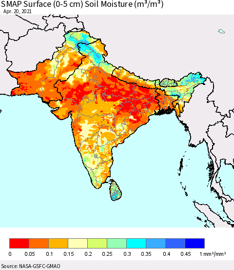 Southern Asia SMAP Surface (0-5 cm) Soil Moisture (m³/m³) Thematic Map For 4/16/2021 - 4/20/2021