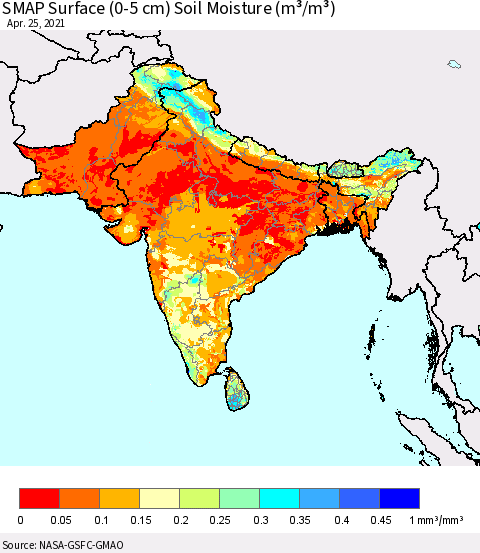 Southern Asia SMAP Surface (0-5 cm) Soil Moisture (m³/m³) Thematic Map For 4/21/2021 - 4/25/2021