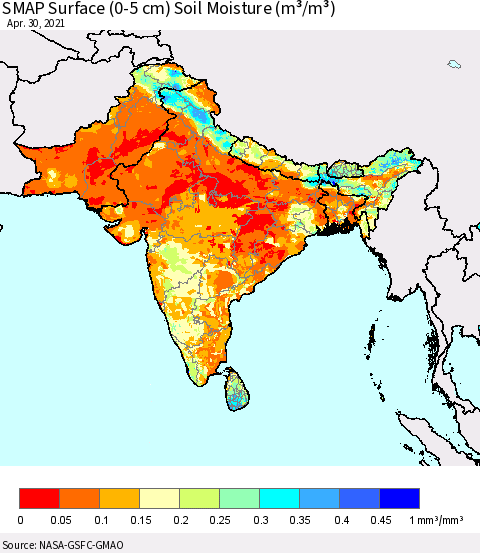 Southern Asia SMAP Surface (0-5 cm) Soil Moisture (m³/m³) Thematic Map For 4/26/2021 - 4/30/2021