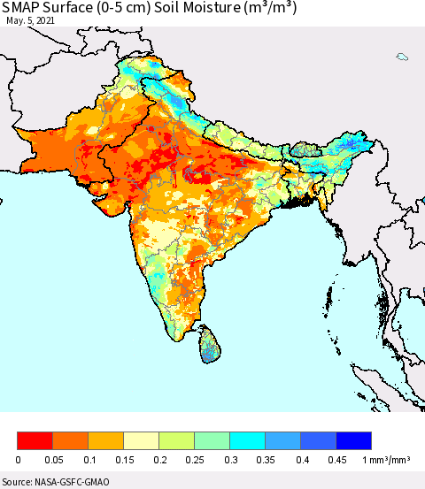 Southern Asia SMAP Surface (0-5 cm) Soil Moisture (m³/m³) Thematic Map For 5/1/2021 - 5/5/2021
