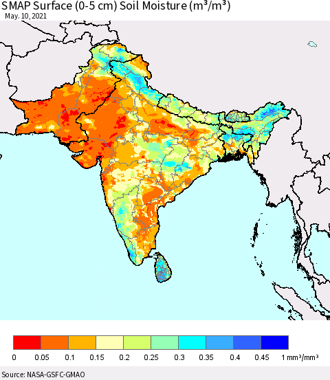 Southern Asia SMAP Surface (0-5 cm) Soil Moisture (m³/m³) Thematic Map For 5/6/2021 - 5/10/2021