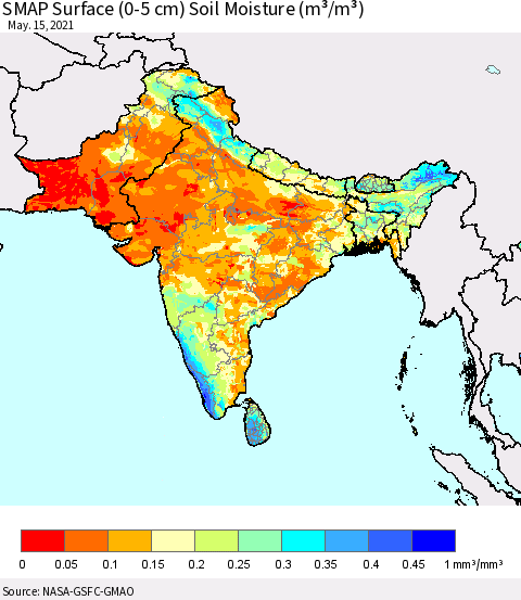 Southern Asia SMAP Surface (0-5 cm) Soil Moisture (m³/m³) Thematic Map For 5/11/2021 - 5/15/2021