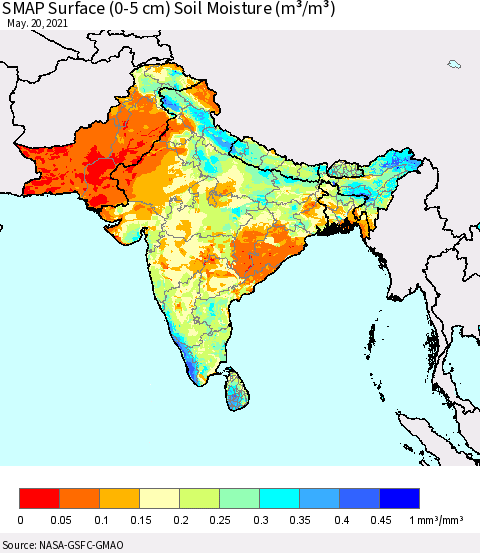 Southern Asia SMAP Surface (0-5 cm) Soil Moisture (m³/m³) Thematic Map For 5/16/2021 - 5/20/2021