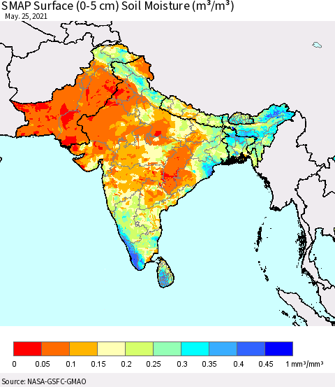Southern Asia SMAP Surface (0-5 cm) Soil Moisture (m³/m³) Thematic Map For 5/21/2021 - 5/25/2021