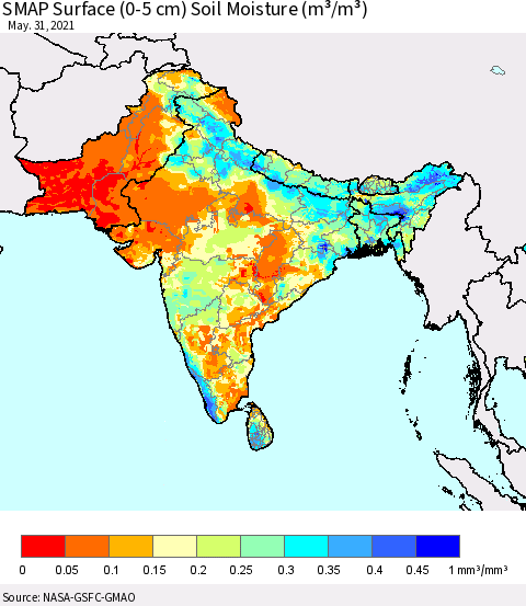 Southern Asia SMAP Surface (0-5 cm) Soil Moisture (m³/m³) Thematic Map For 5/26/2021 - 5/31/2021