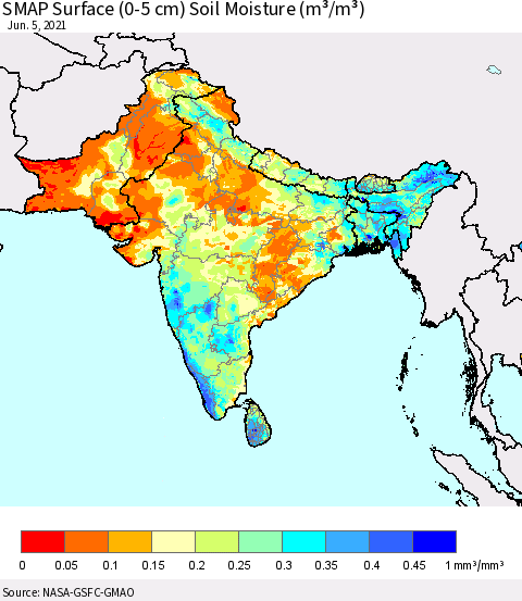 Southern Asia SMAP Surface (0-5 cm) Soil Moisture (m³/m³) Thematic Map For 6/1/2021 - 6/5/2021