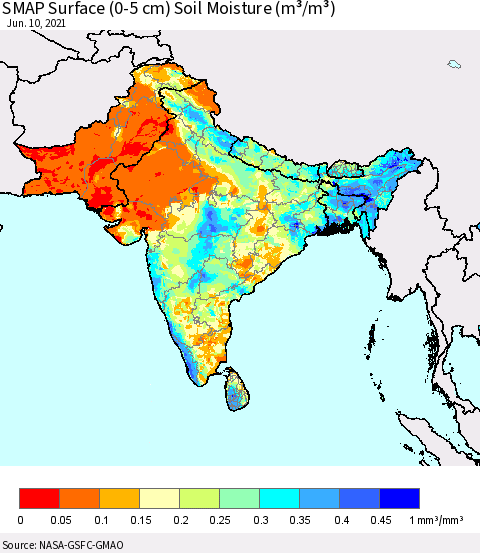 Southern Asia SMAP Surface (0-5 cm) Soil Moisture (m³/m³) Thematic Map For 6/6/2021 - 6/10/2021