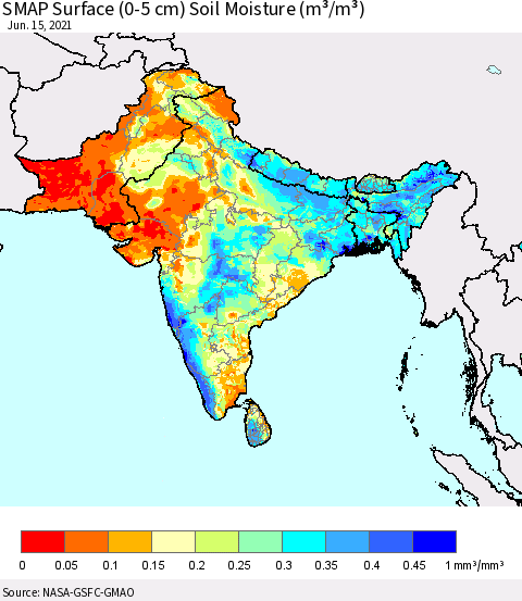 Southern Asia SMAP Surface (0-5 cm) Soil Moisture (m³/m³) Thematic Map For 6/11/2021 - 6/15/2021