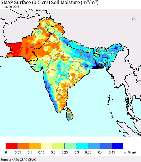 Southern Asia SMAP Surface (0-5 cm) Soil Moisture (m³/m³) Thematic Map For 6/16/2021 - 6/20/2021