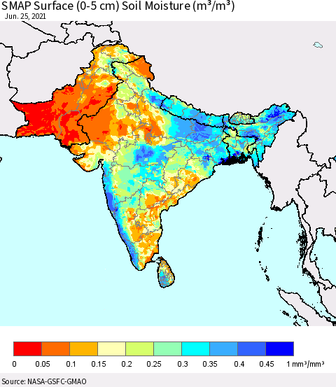 Southern Asia SMAP Surface (0-5 cm) Soil Moisture (m³/m³) Thematic Map For 6/21/2021 - 6/25/2021