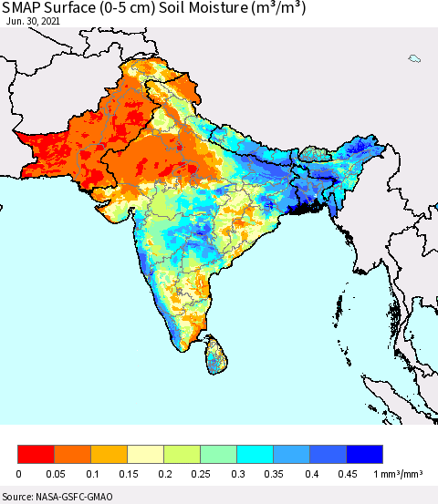 Southern Asia SMAP Surface (0-5 cm) Soil Moisture (m³/m³) Thematic Map For 6/26/2021 - 6/30/2021