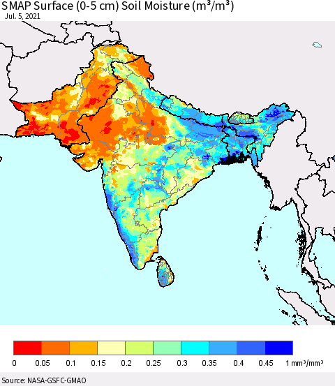 Southern Asia SMAP Surface (0-5 cm) Soil Moisture (m³/m³) Thematic Map For 7/1/2021 - 7/5/2021