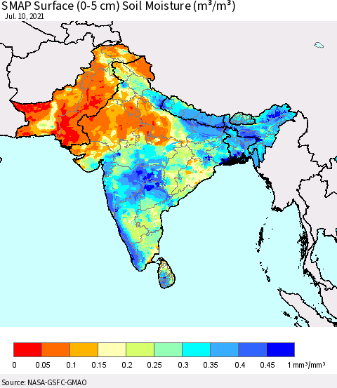 Southern Asia SMAP Surface (0-5 cm) Soil Moisture (m³/m³) Thematic Map For 7/6/2021 - 7/10/2021