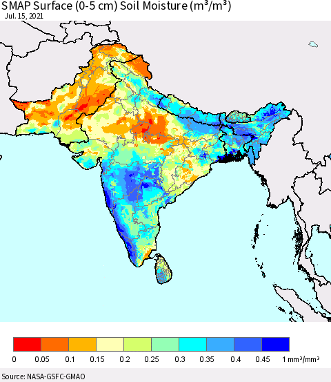 Southern Asia SMAP Surface (0-5 cm) Soil Moisture (m³/m³) Thematic Map For 7/11/2021 - 7/15/2021