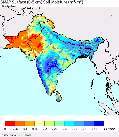 Southern Asia SMAP Surface (0-5 cm) Soil Moisture (m³/m³) Thematic Map For 7/16/2021 - 7/20/2021