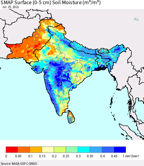 Southern Asia SMAP Surface (0-5 cm) Soil Moisture (m³/m³) Thematic Map For 7/21/2021 - 7/25/2021