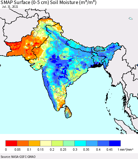 Southern Asia SMAP Surface (0-5 cm) Soil Moisture (m³/m³) Thematic Map For 7/26/2021 - 7/31/2021