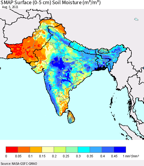 Southern Asia SMAP Surface (0-5 cm) Soil Moisture (m³/m³) Thematic Map For 8/1/2021 - 8/5/2021
