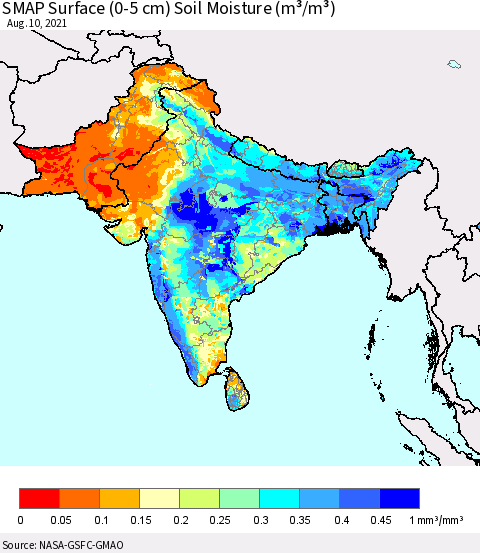 Southern Asia SMAP Surface (0-5 cm) Soil Moisture (m³/m³) Thematic Map For 8/6/2021 - 8/10/2021
