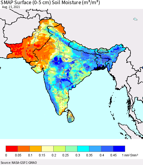 Southern Asia SMAP Surface (0-5 cm) Soil Moisture (m³/m³) Thematic Map For 8/11/2021 - 8/15/2021