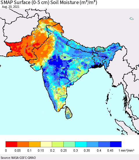 Southern Asia SMAP Surface (0-5 cm) Soil Moisture (m³/m³) Thematic Map For 8/16/2021 - 8/20/2021