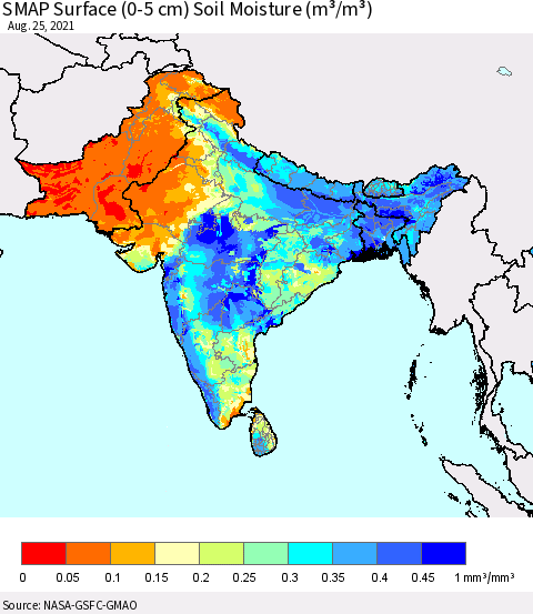 Southern Asia SMAP Surface (0-5 cm) Soil Moisture (m³/m³) Thematic Map For 8/21/2021 - 8/25/2021