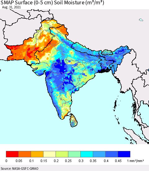 Southern Asia SMAP Surface (0-5 cm) Soil Moisture (m³/m³) Thematic Map For 8/26/2021 - 8/31/2021