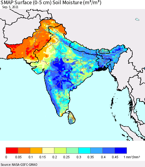 Southern Asia SMAP Surface (0-5 cm) Soil Moisture (m³/m³) Thematic Map For 9/1/2021 - 9/5/2021